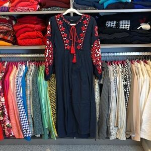 Zara navy/red embroidered elastic cuff sleeve v neck with tassels dress size XS